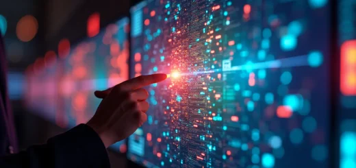 Futuristic cityscape with holographic code and collaborating IT professionals