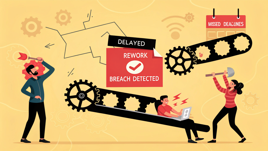 Is Your Code a Hacker's Playground? The Hidden Costs of 'Security Later' 2 a chaotic software pipeline shown as a conveyor b