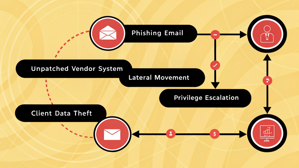 a step by step cyberattack flow diagram stylized